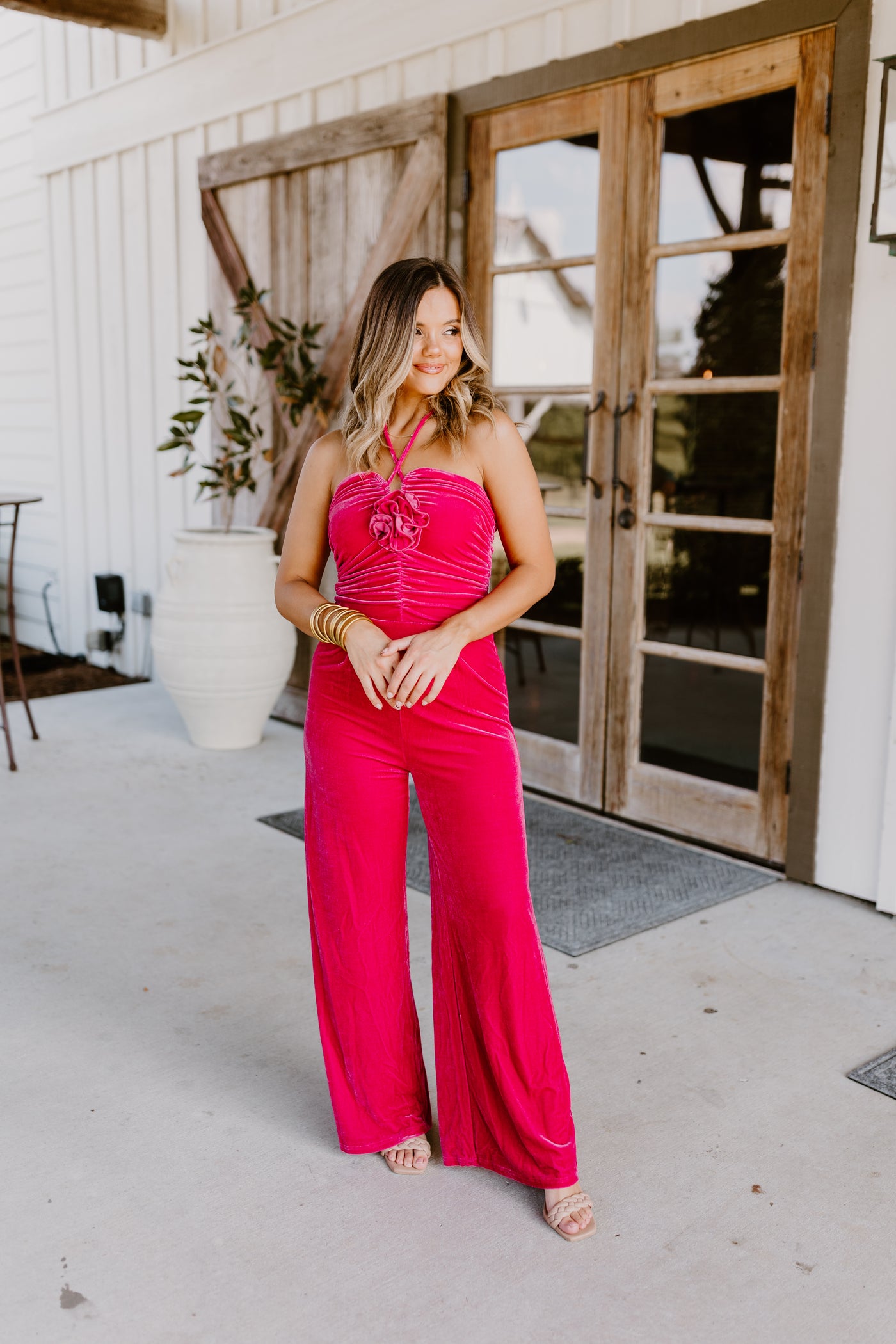 Fuchsia Velvet Ruched Flower Detail Halter Jumpsuit