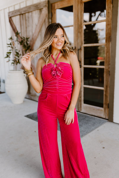 Fuchsia Velvet Ruched Flower Detail Halter Jumpsuit