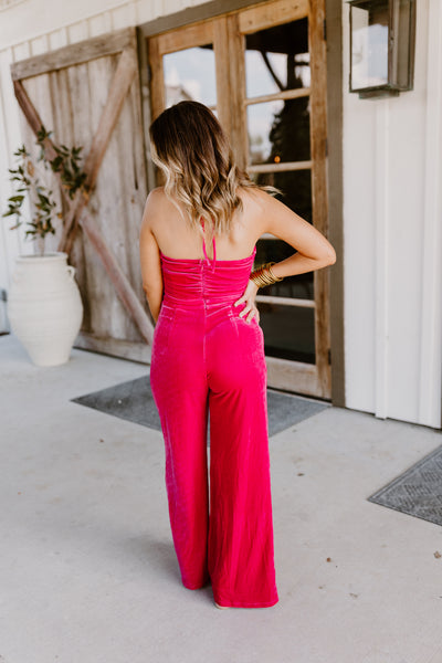 Fuchsia Velvet Ruched Flower Detail Halter Jumpsuit