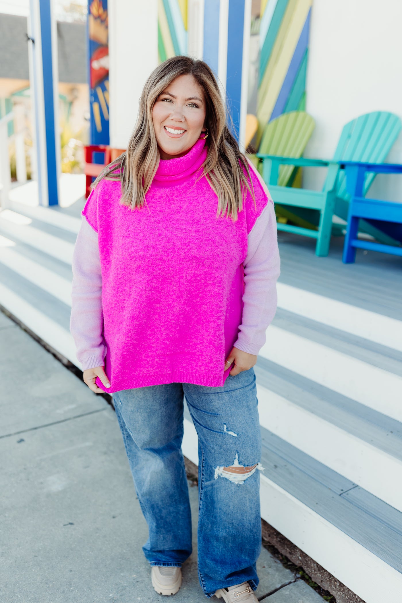 Magenta/Lavender/Light Pink Turtleneck Oversized Sweater