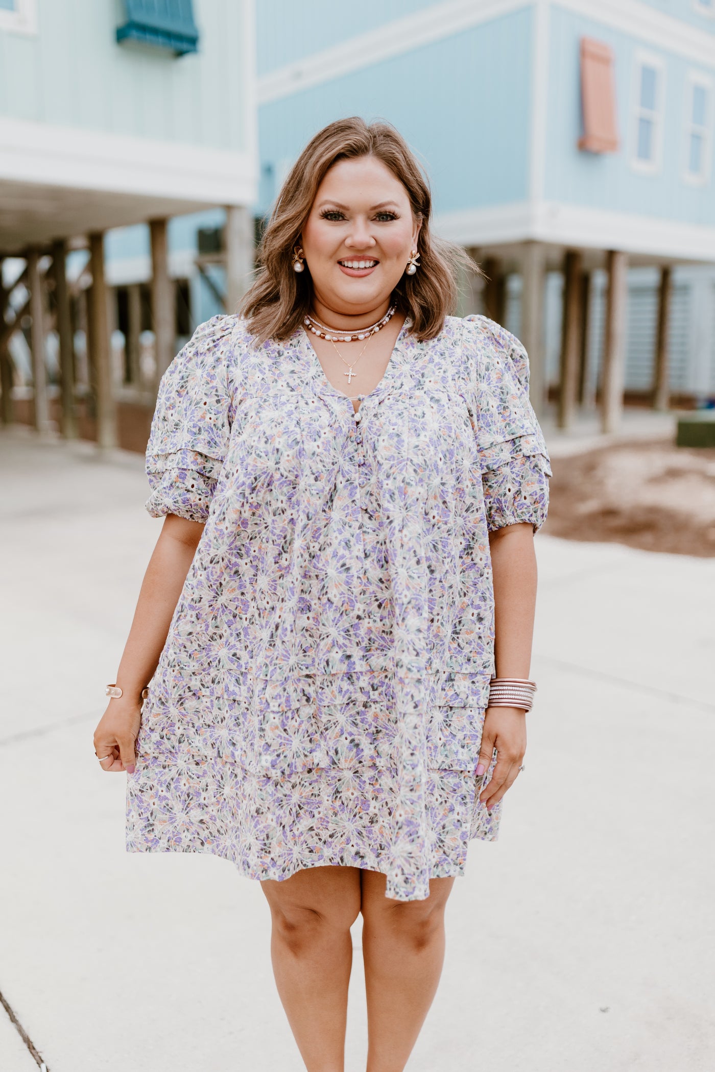 Karlie Lilac Floral Embroidered V-Neck Puff Sleeve Dress