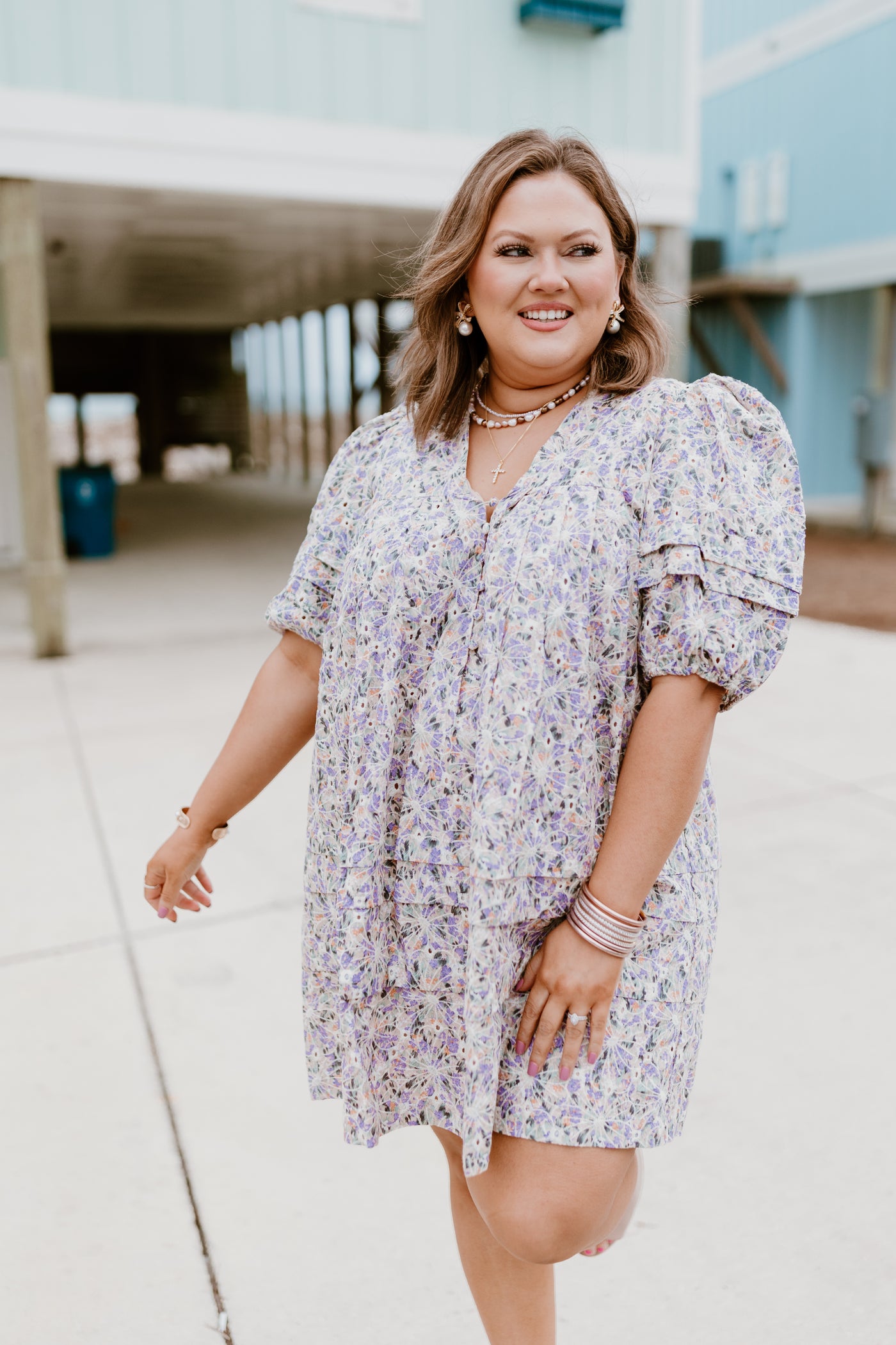 Karlie Lilac Floral Embroidered V-Neck Puff Sleeve Dress