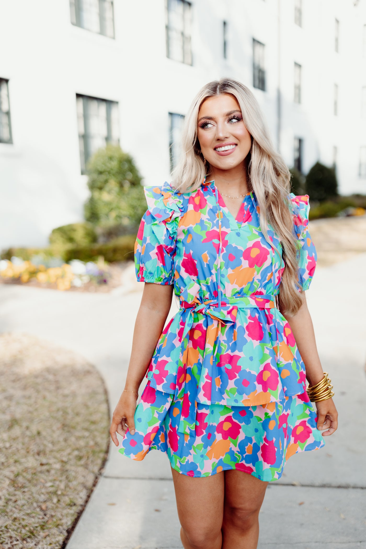 Blue Floral Ruffle Sleeve Tiered Dress
