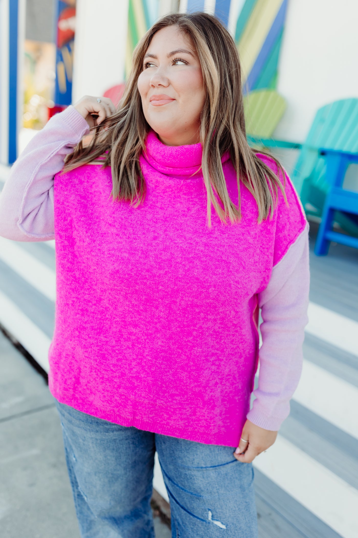 Magenta/Lavender/Light Pink Turtleneck Oversized Sweater