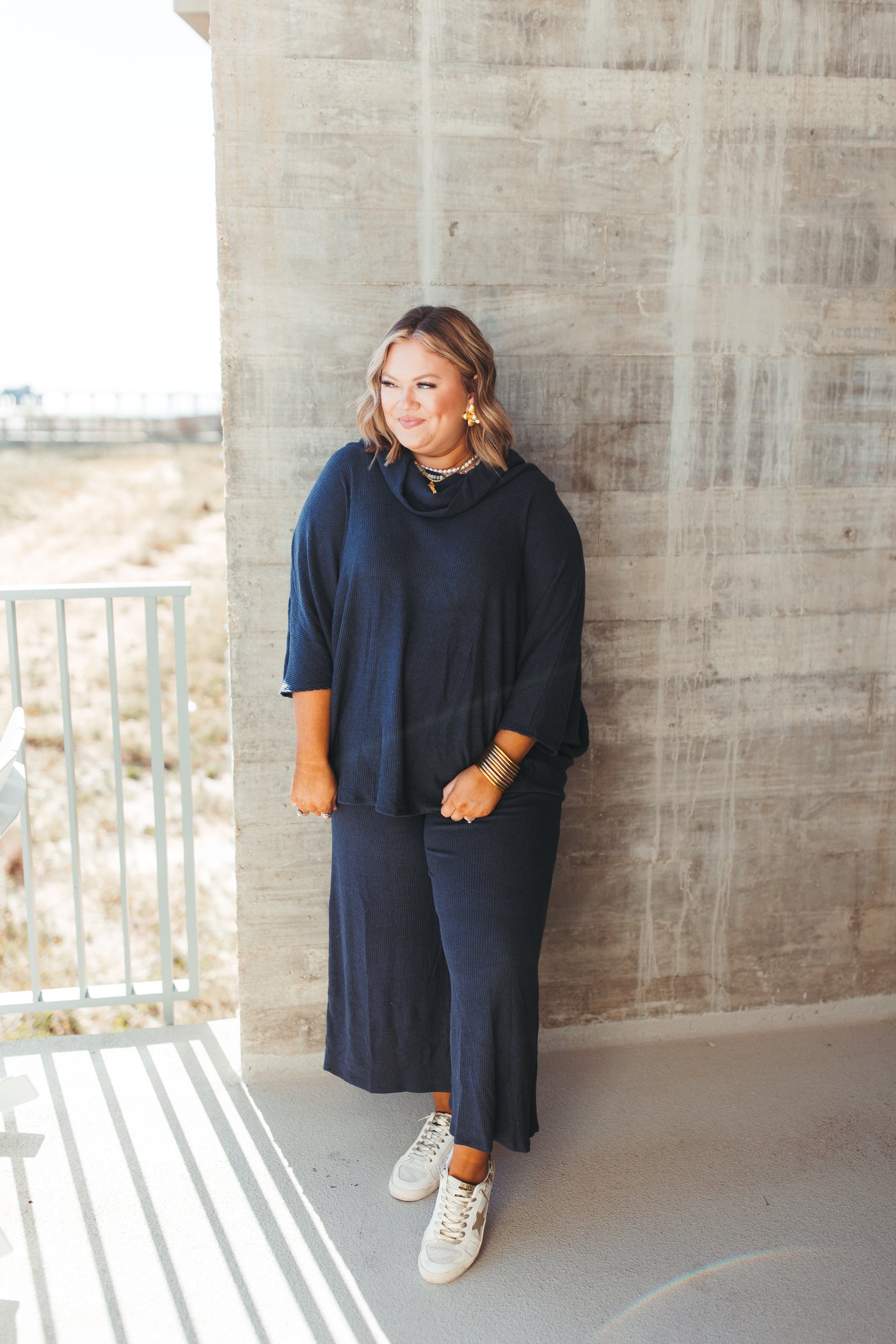 Navy Brushed Ribbed Knit Cowl Neck Dolman Top and Pant Set
