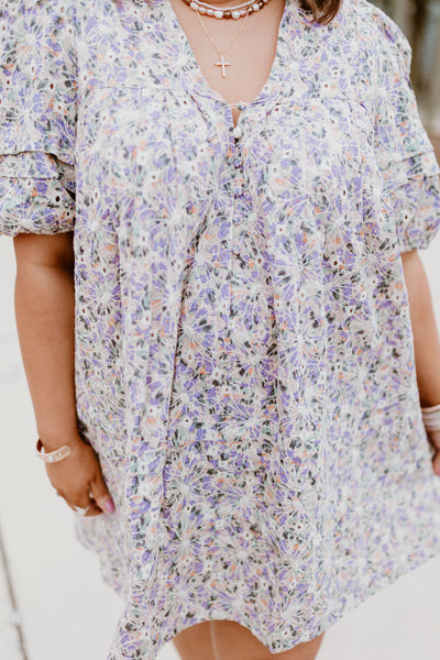 Karlie Lilac Floral Embroidered V-Neck Puff Sleeve Dress