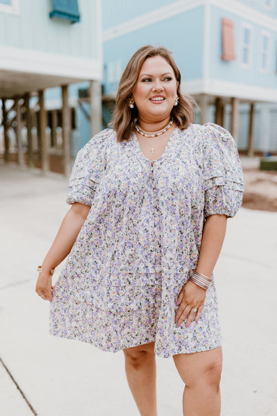 Karlie Lilac Floral Embroidered V-Neck Puff Sleeve Dress