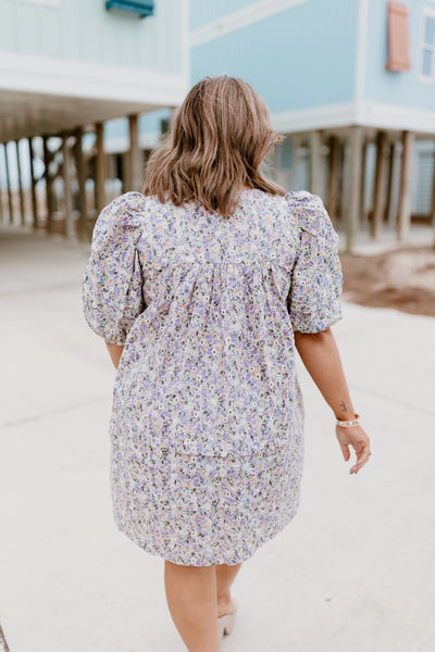 Karlie Lilac Floral Embroidered V-Neck Puff Sleeve Dress