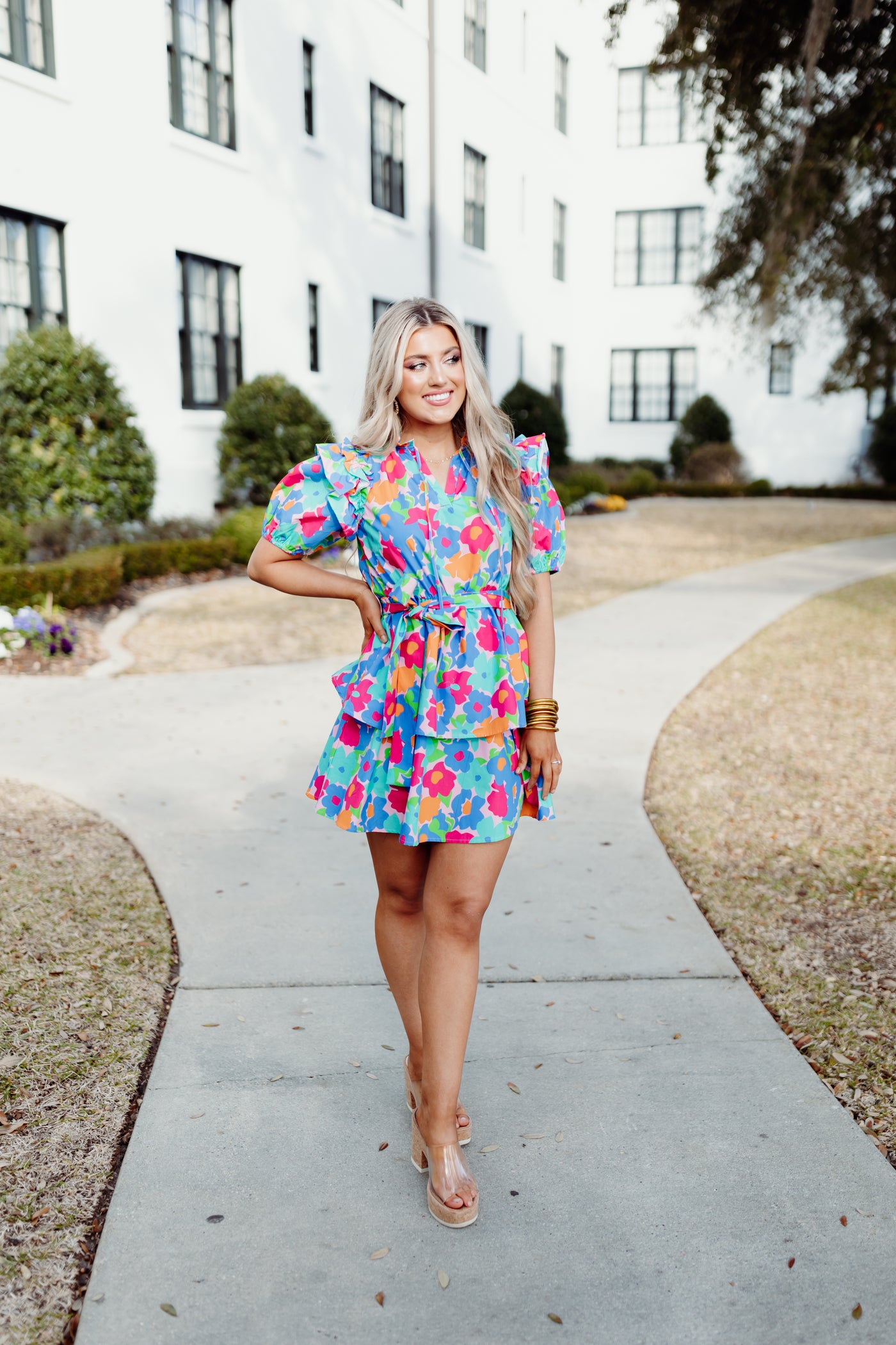 Blue Floral Ruffle Sleeve Tiered Dress