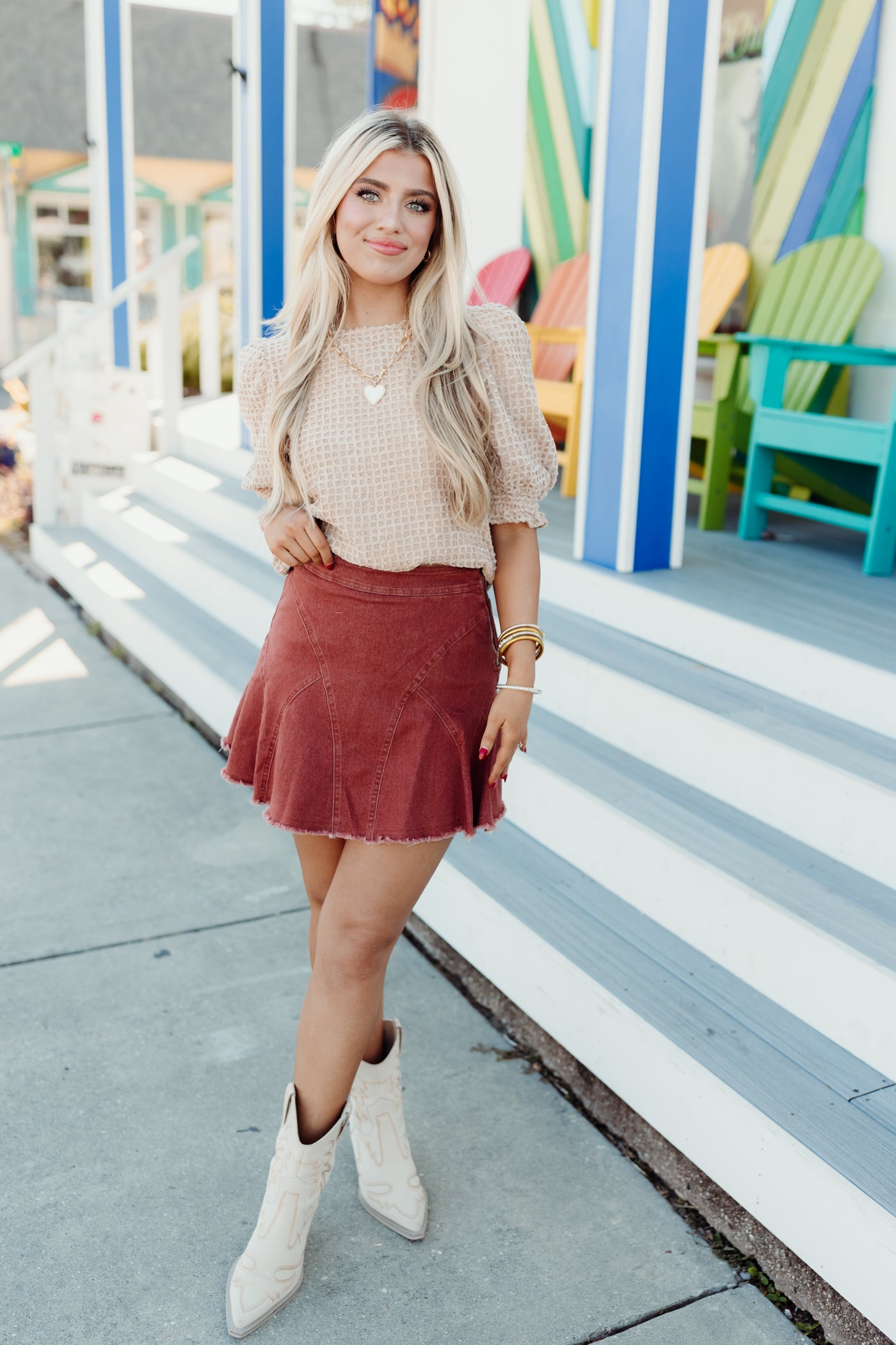 Taupe Round Neck Textured Puff Sleeve Top