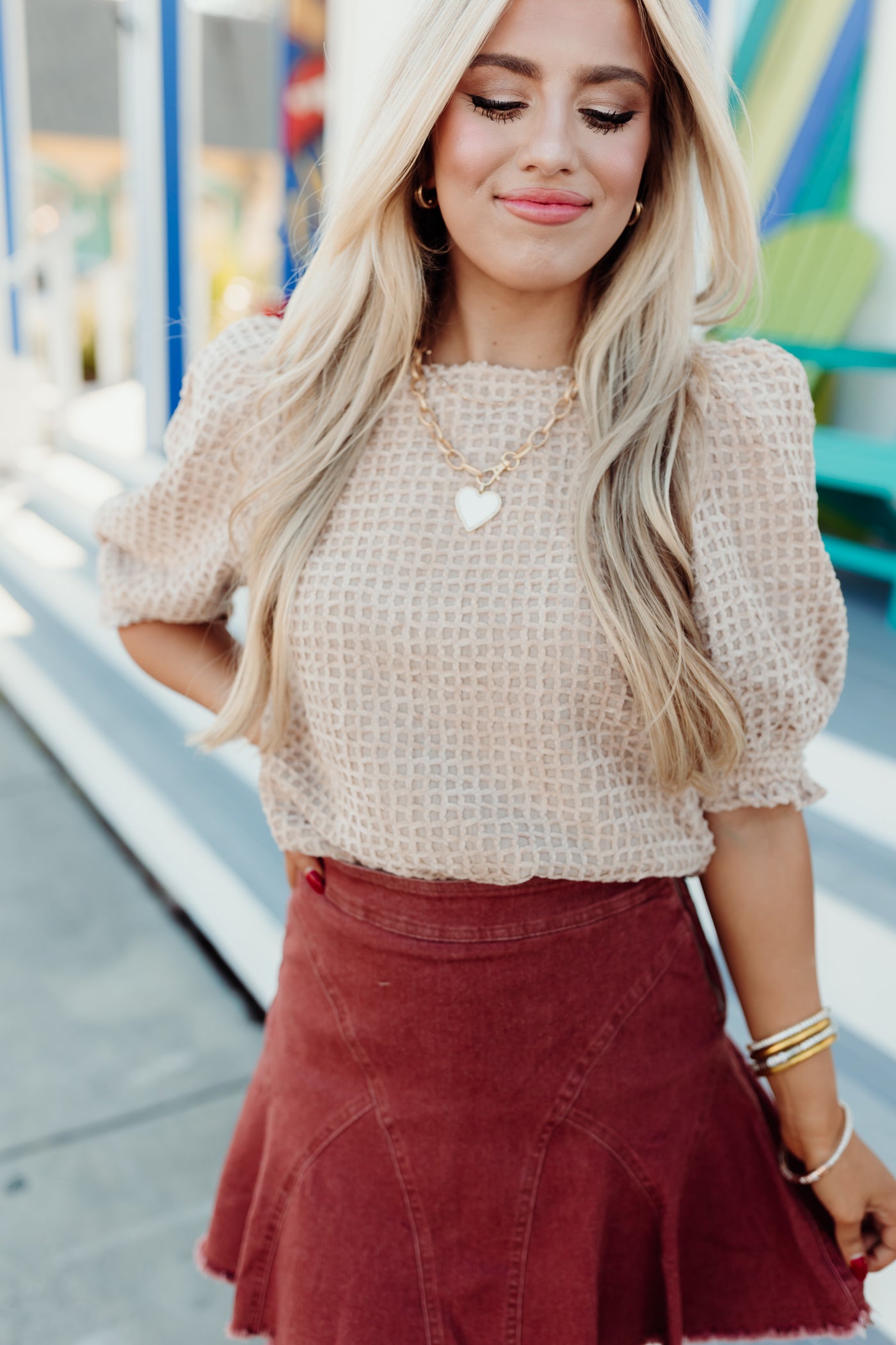 Taupe Round Neck Textured Puff Sleeve Top