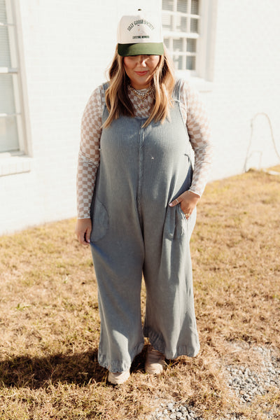 Dusty Navy Vintage Washed Waffle Knit Overalls