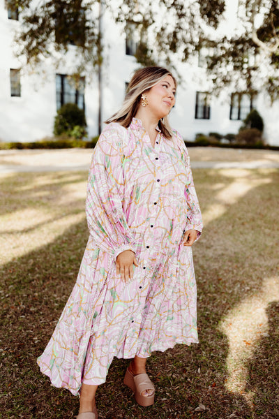 Beulah Pink and Green Mix Chain Print Oversized Pleat Maxi