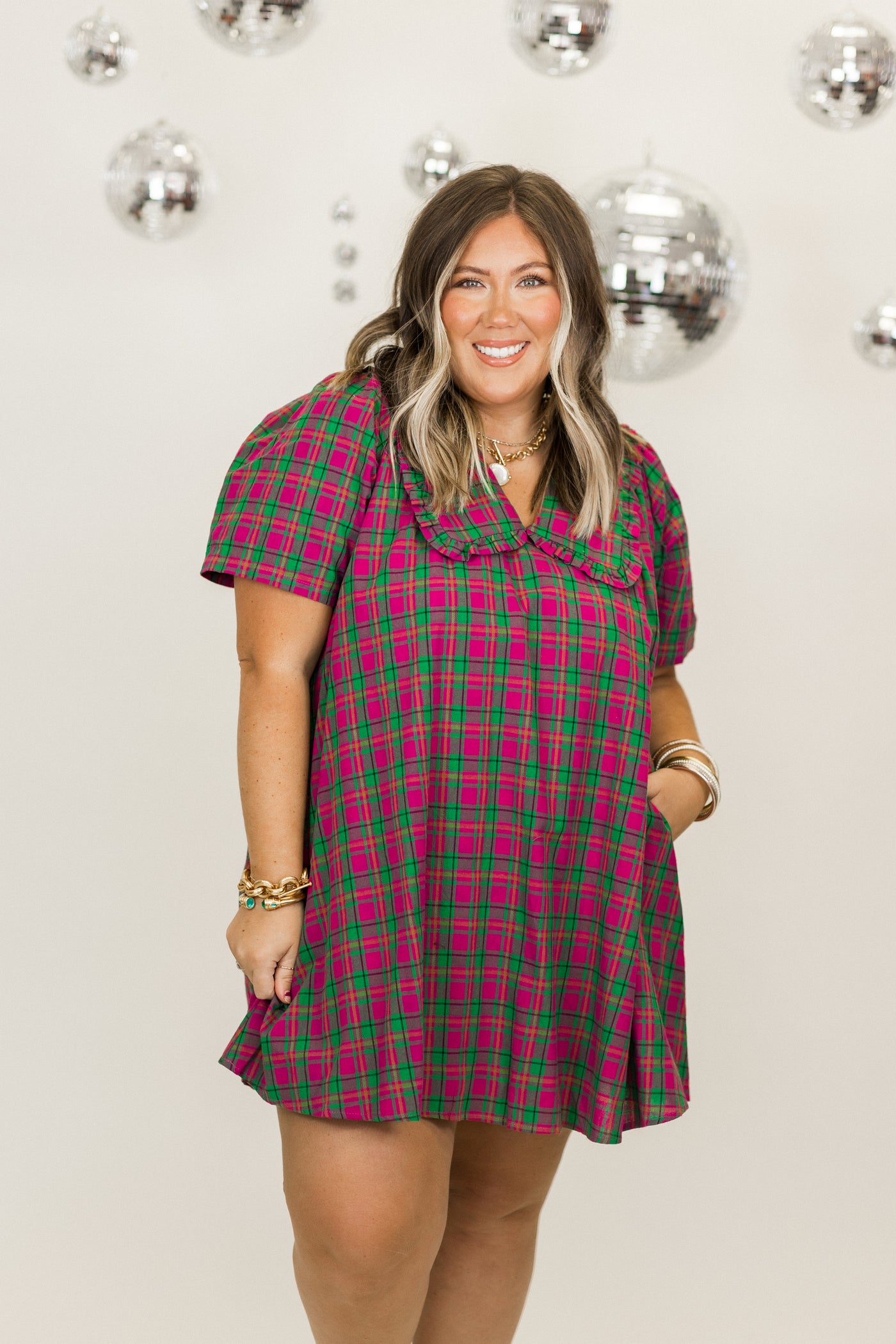 Magenta Plaid Short Sleeve Overlay Collar Mini Dress