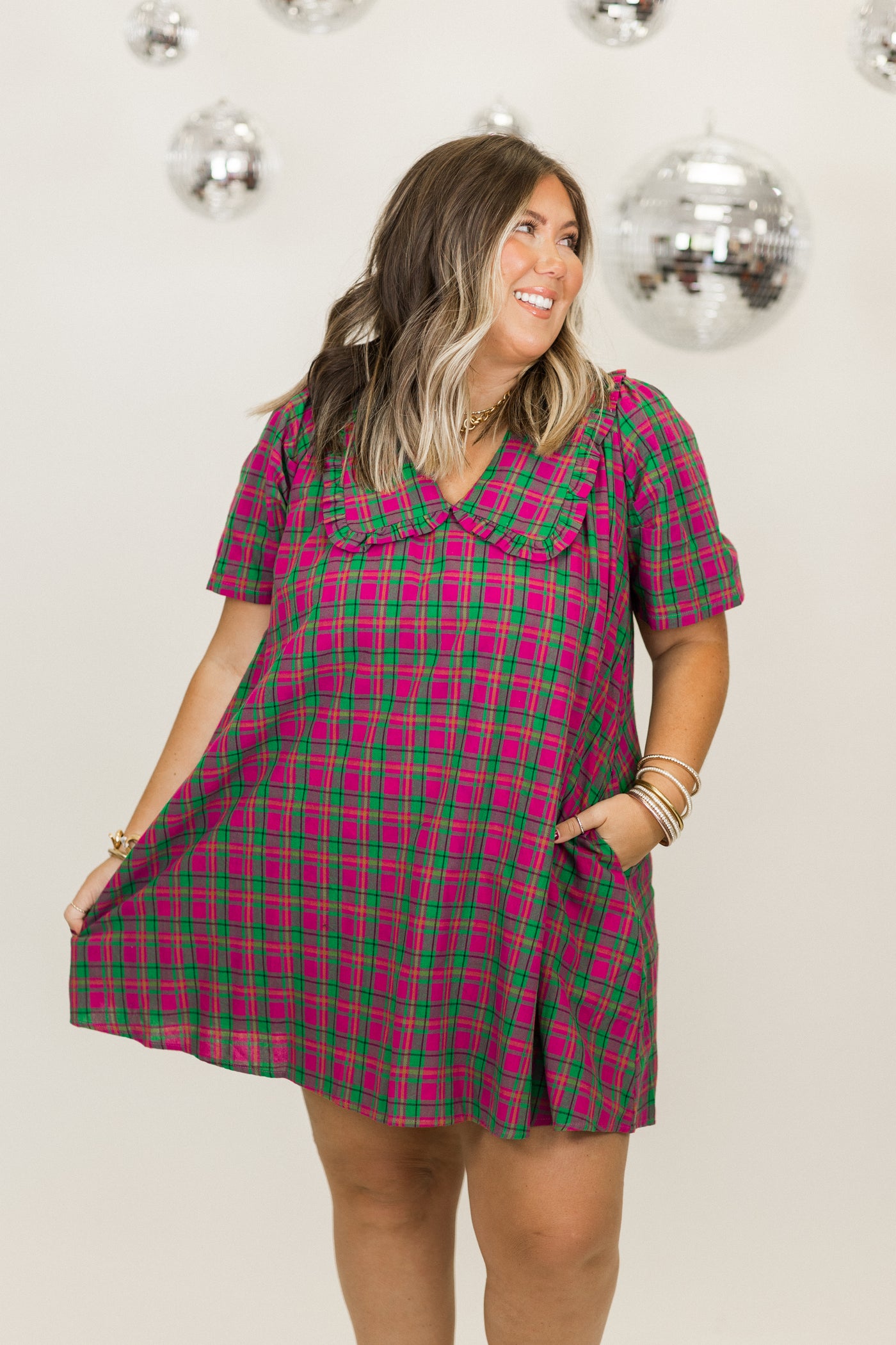 Magenta Plaid Short Sleeve Overlay Collar Mini Dress