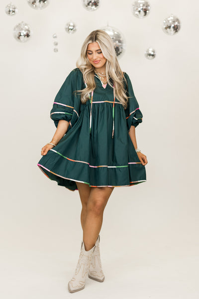 Pine Colorblock Trim Half Sleeve V-Neck Dress