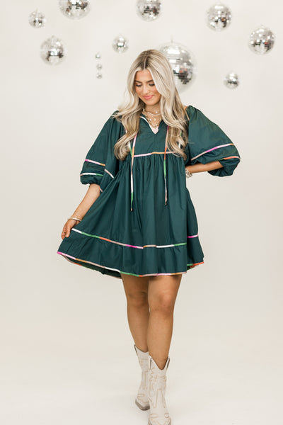 Pine Colorblock Trim Half Sleeve V-Neck Dress