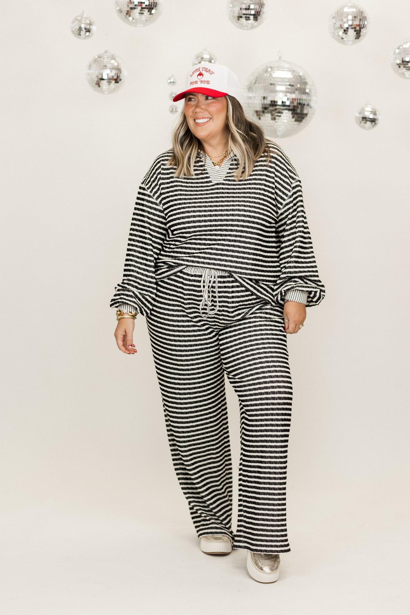 Black and Cream Striped Knit Pullover and Wide Leg Pant Set