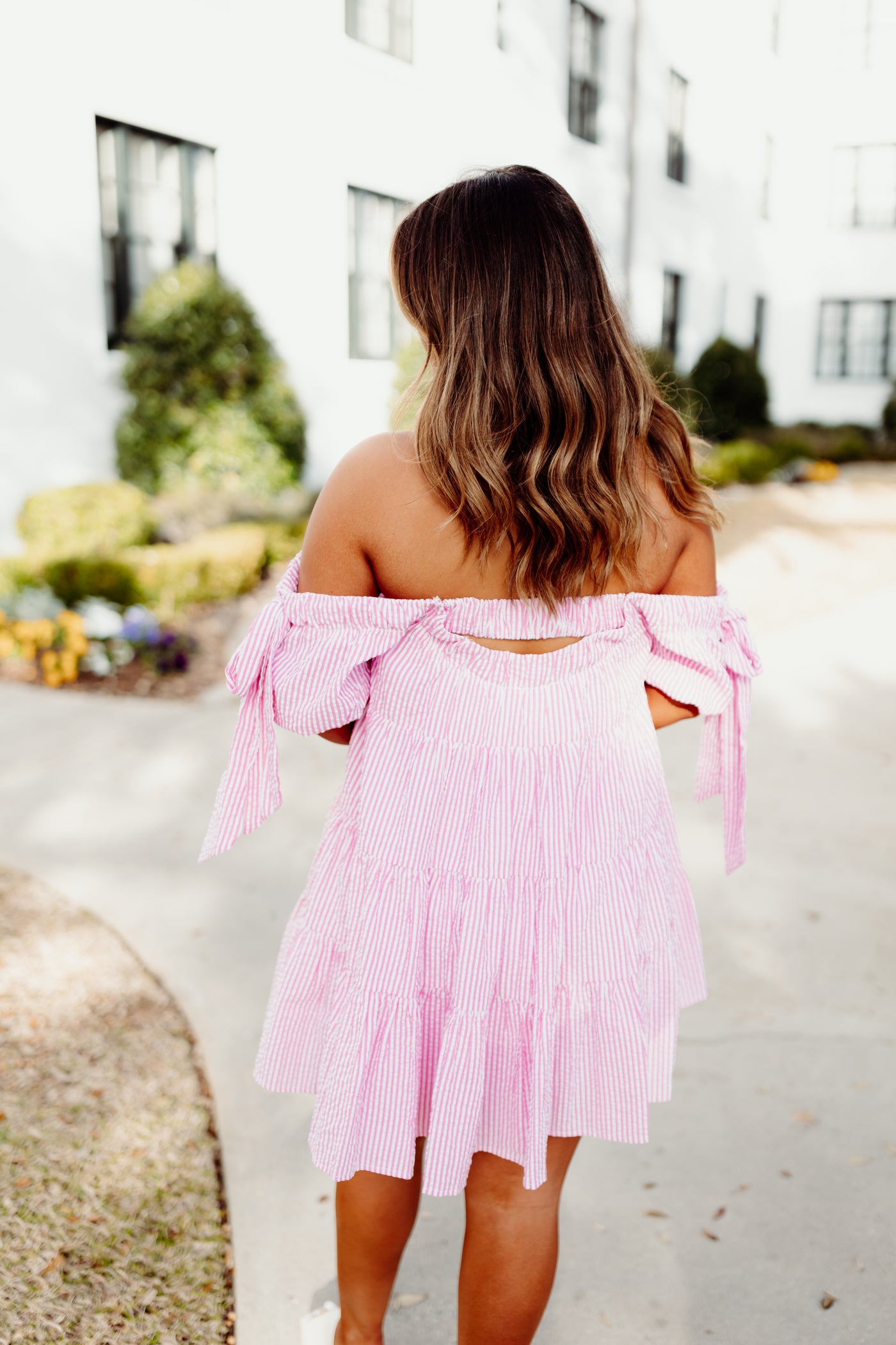 Pink Off Shoulder Flowy Stripe Textured Dress