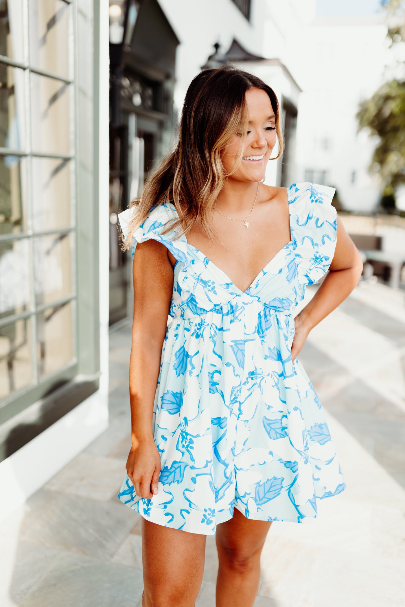 White and Blue Floral Mix Ruffle Romper