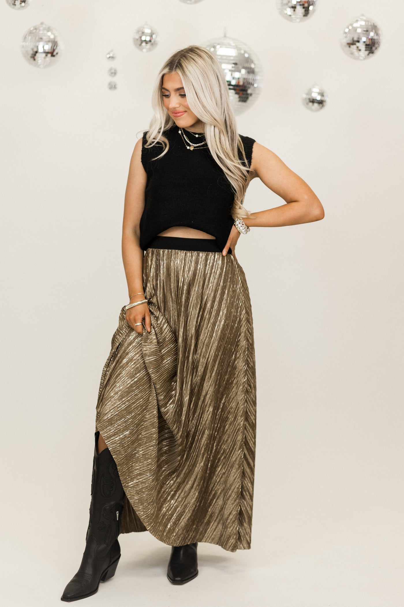 Molly Bracken Gold Metallic Maxi Skirt