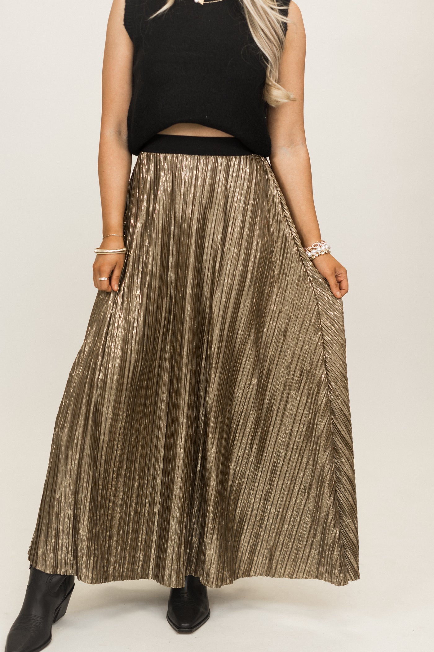 Molly Bracken Gold Metallic Maxi Skirt