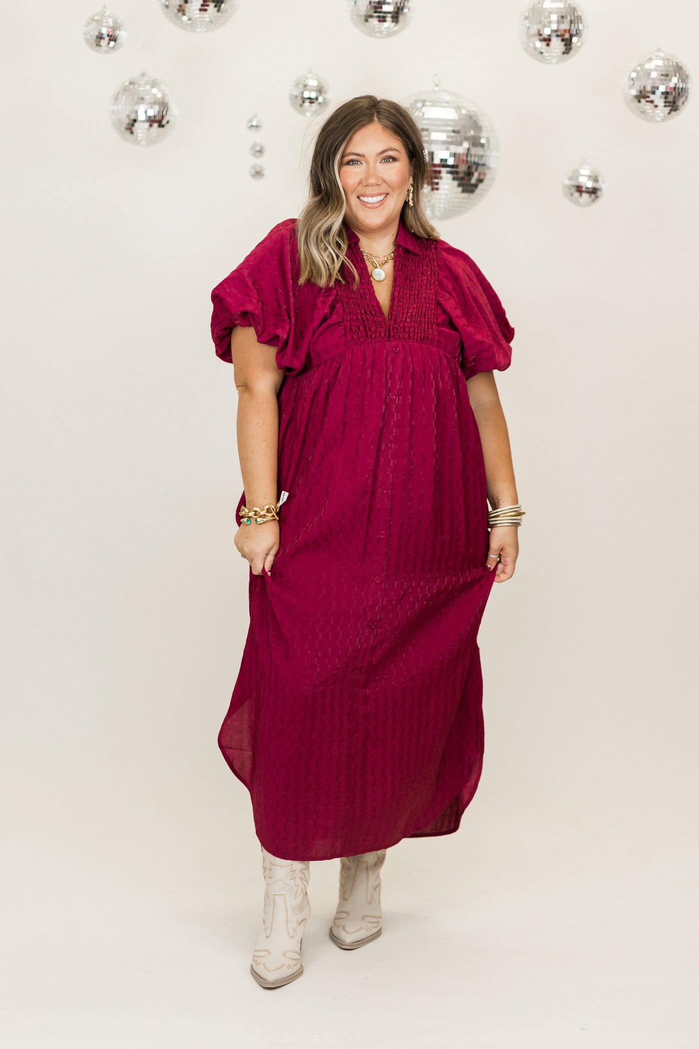 Plum Textured Puff Sleeve Button Down Midi Dress