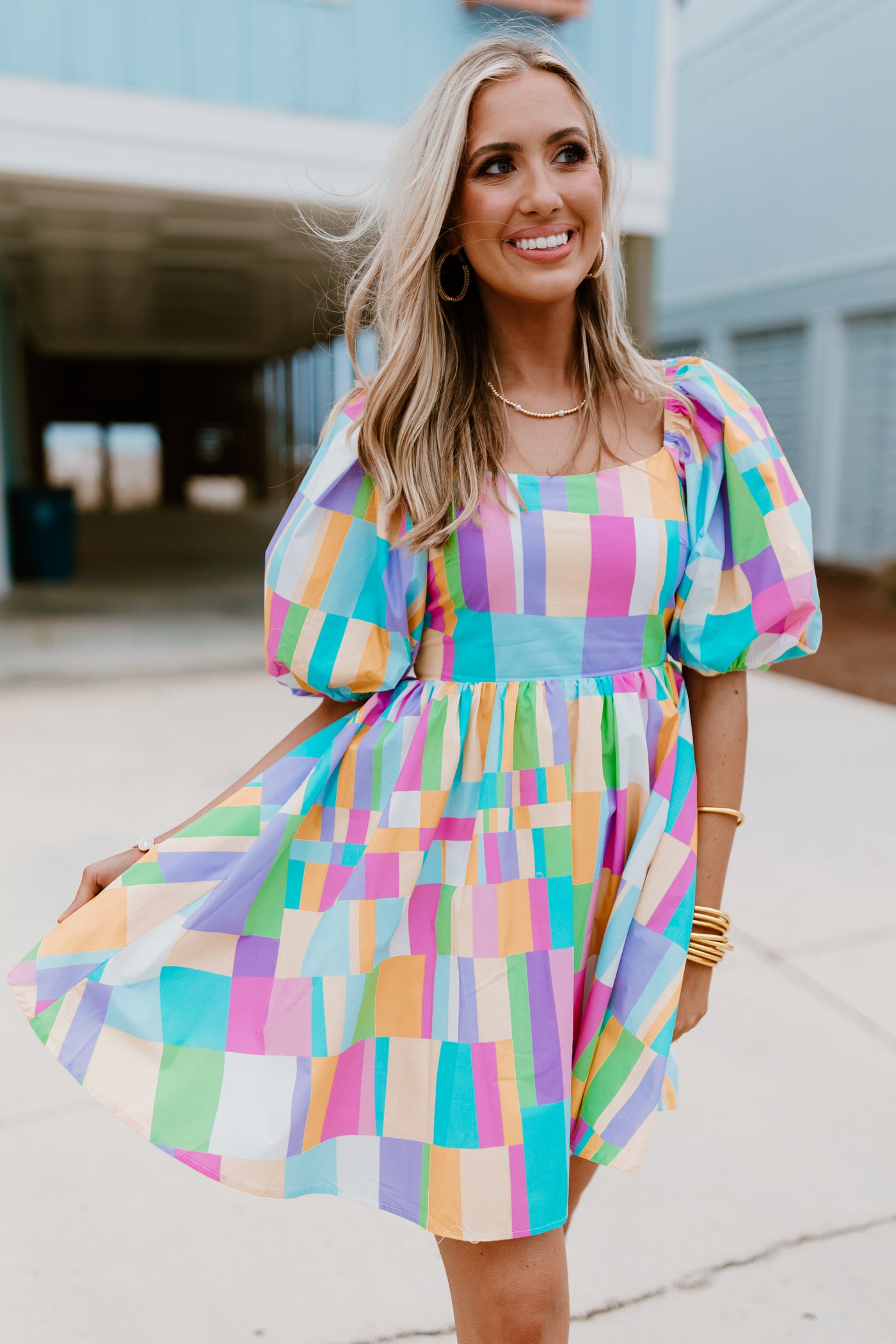 Multicolor Poplin Puff Sleeve Dress