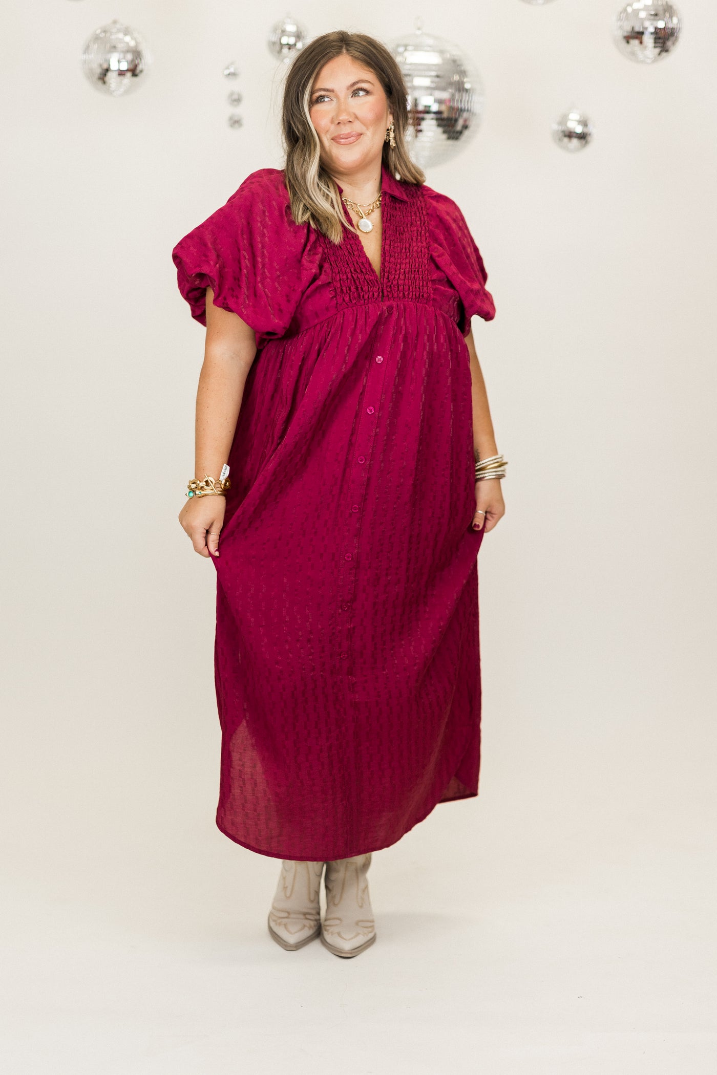 Plum Textured Puff Sleeve Button Down Midi Dress