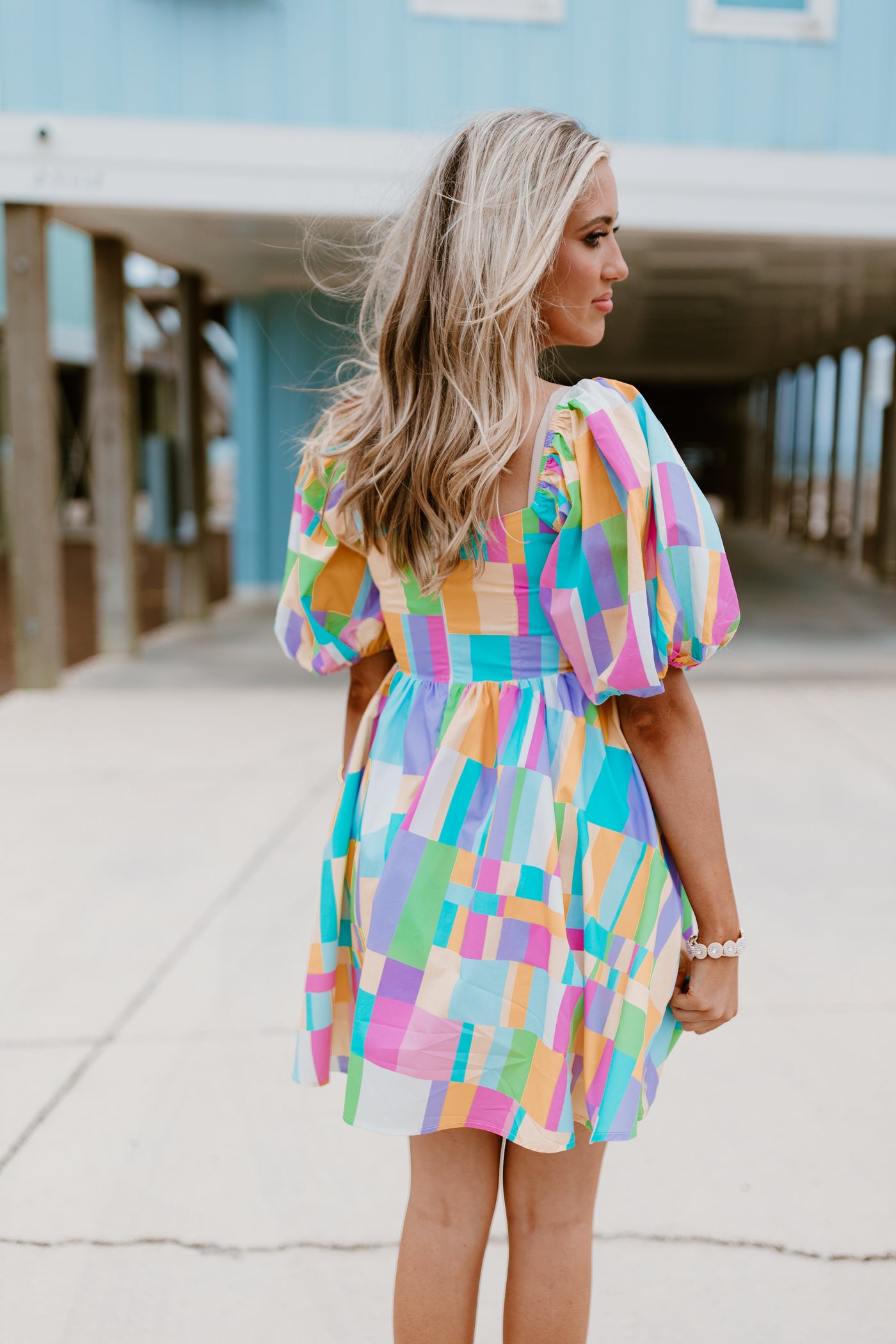 Multicolor Poplin Puff Sleeve Dress