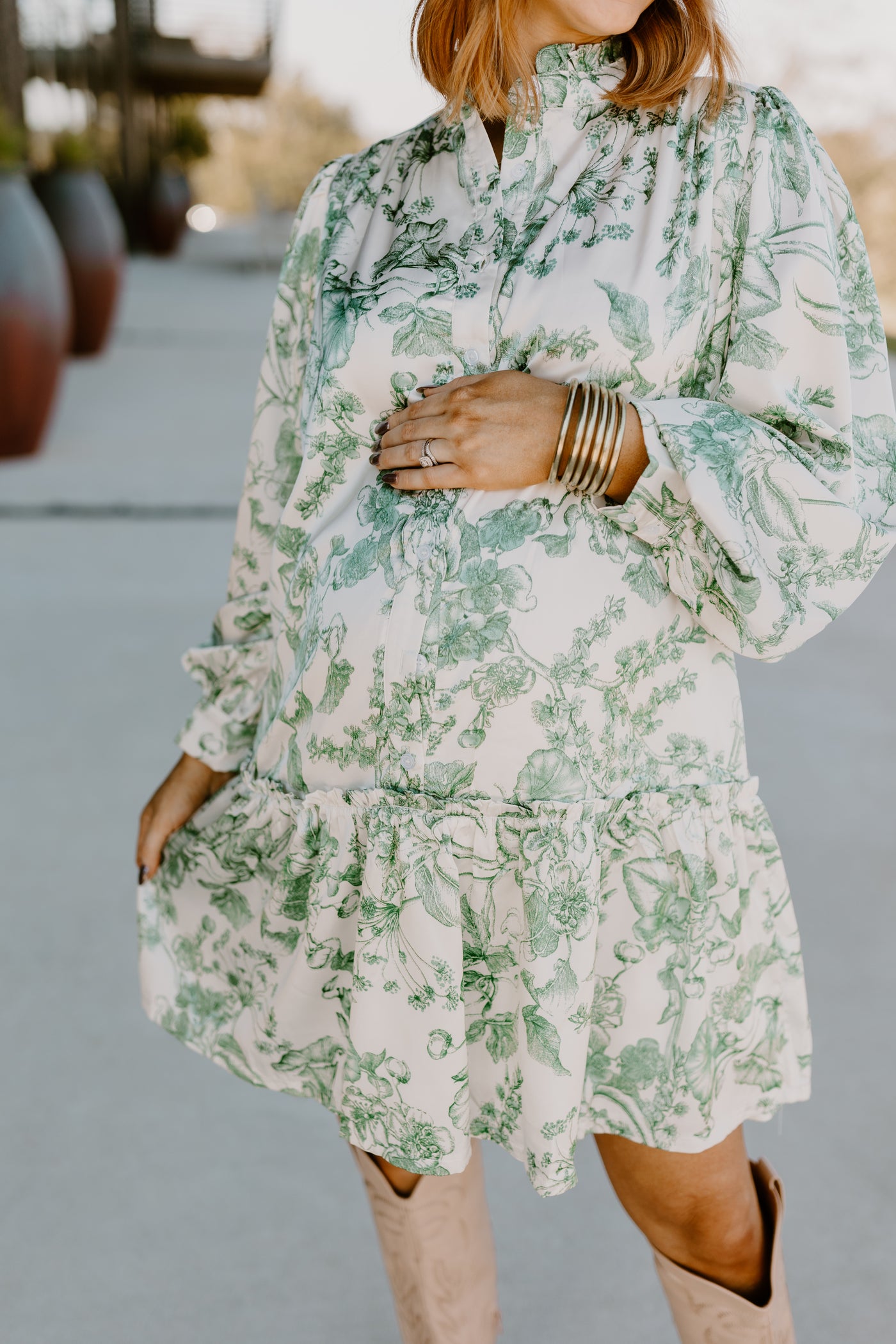 Deep Green Floral Long Sleeve Drop Waist Button Mini Dress