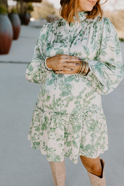 Deep Green Floral Long Sleeve Drop Waist Button Mini Dress