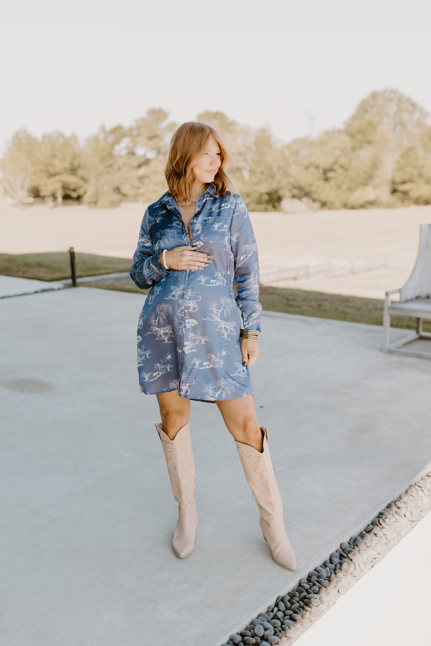 Navy Printed Button Down Collared Long Sleeve Dress