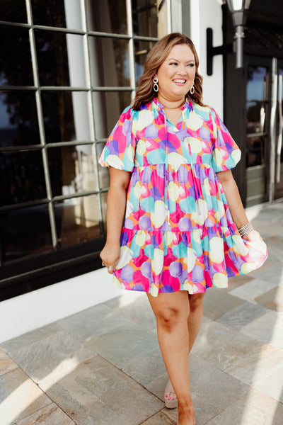 Pink Multicolor Spotted Tie Neck Puff Sleeve Dress