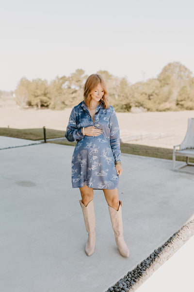 Navy Printed Button Down Collared Long Sleeve Dress