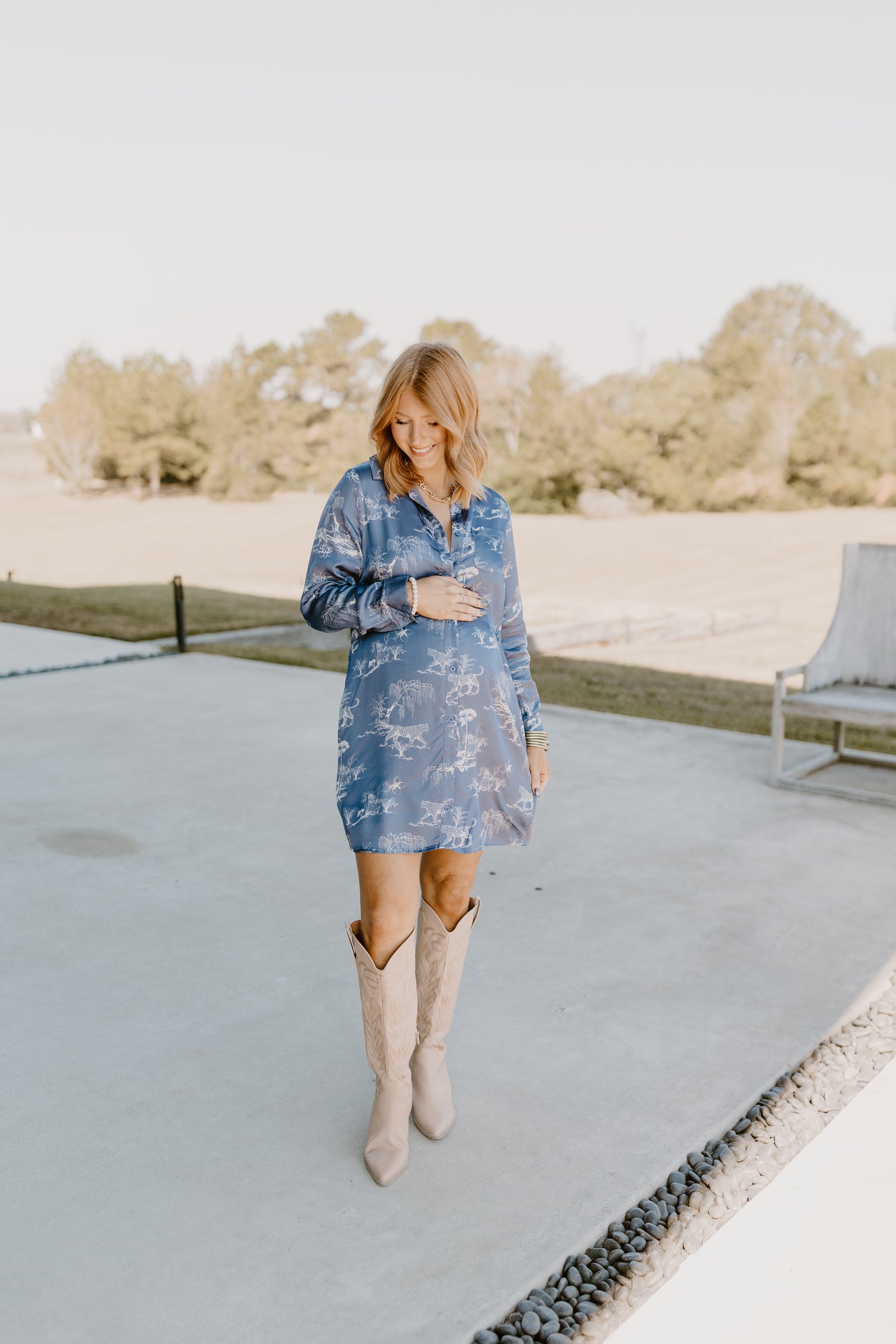 Navy Printed Button Down Collared Long Sleeve Dress