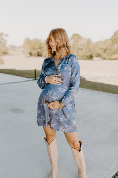 Navy Printed Button Down Collared Long Sleeve Dress