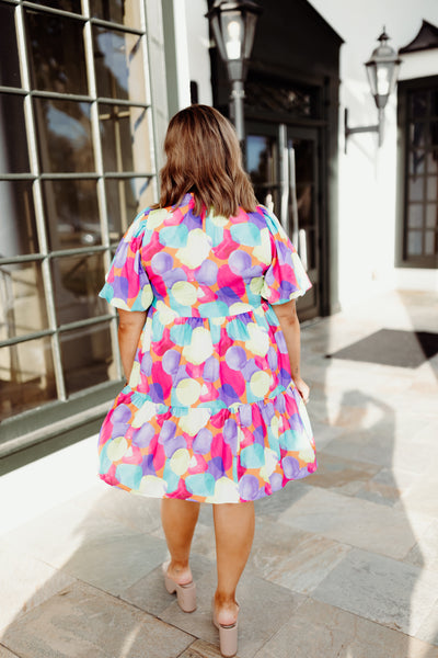 Pink Multicolor Spotted Tie Neck Puff Sleeve Dress