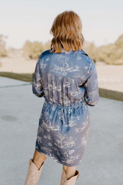 Navy Printed Button Down Collared Long Sleeve Dress