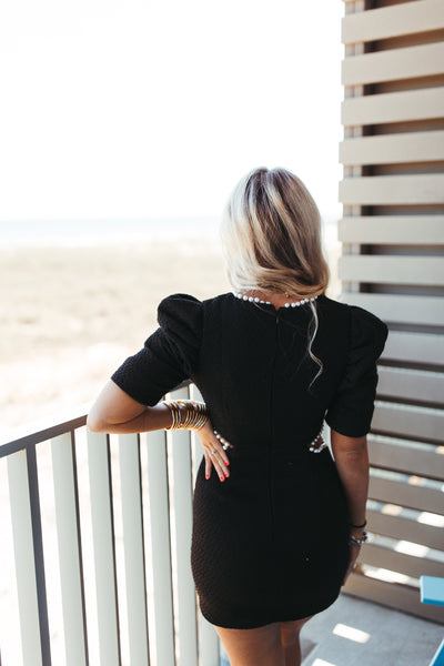 Black Textured Pearl Trim Cutout Dress