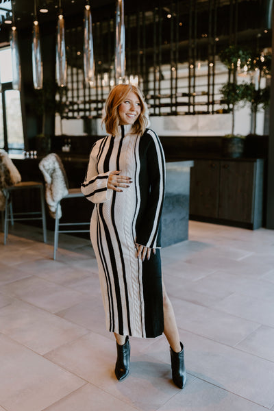 Off White and Black High Neck Long Sleeve Midi Sweater Dress