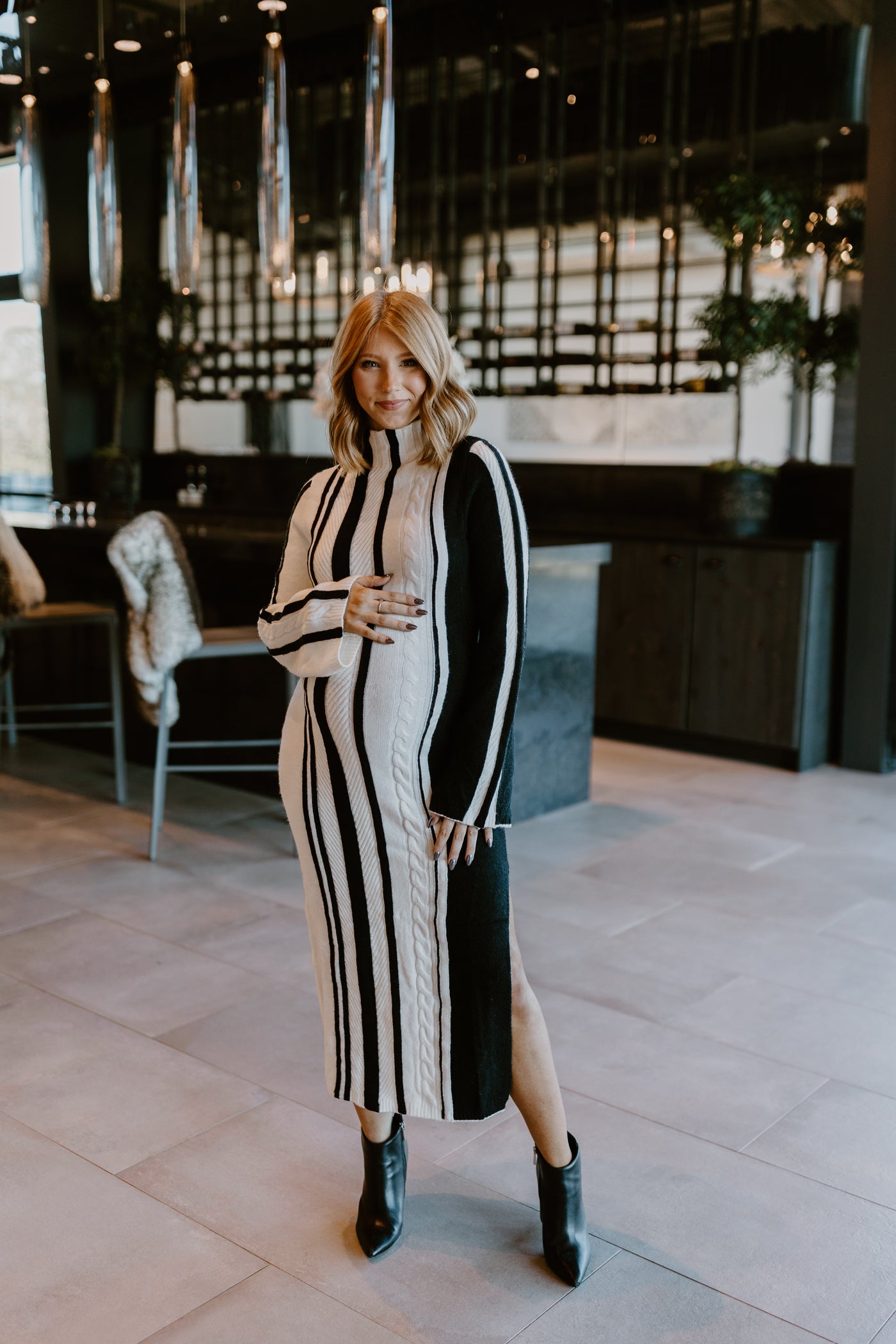 Off White and Black High Neck Long Sleeve Midi Sweater Dress