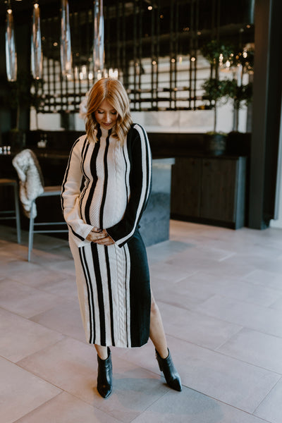 Off White and Black High Neck Long Sleeve Midi Sweater Dress