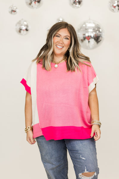 Pink Multi Colorblock Asymmetrical Hem Sweater Top