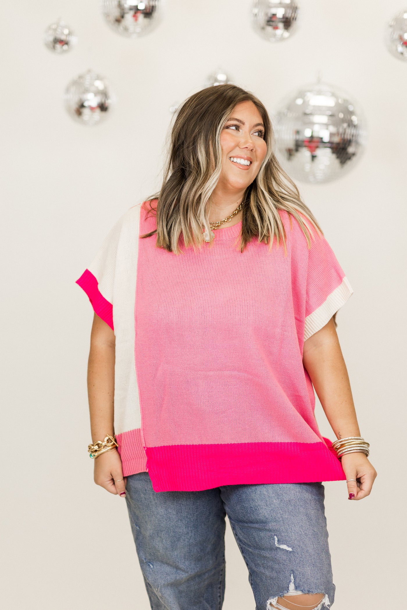 Pink Multi Colorblock Asymmetrical Hem Sweater Top