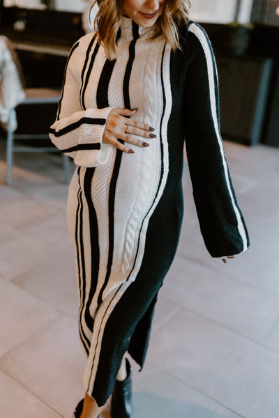 Off White and Black High Neck Long Sleeve Midi Sweater Dress