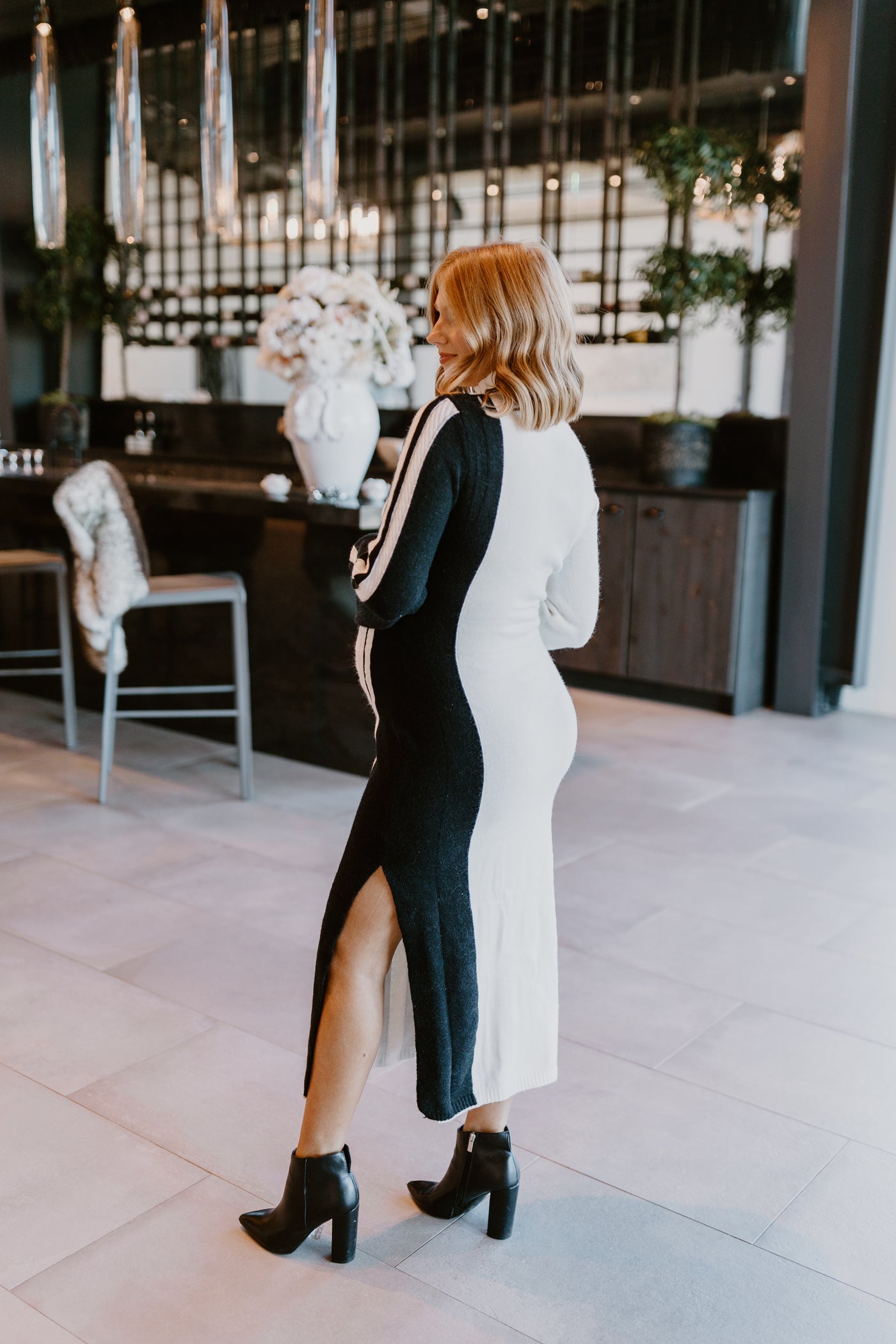 Off White and Black High Neck Long Sleeve Midi Sweater Dress