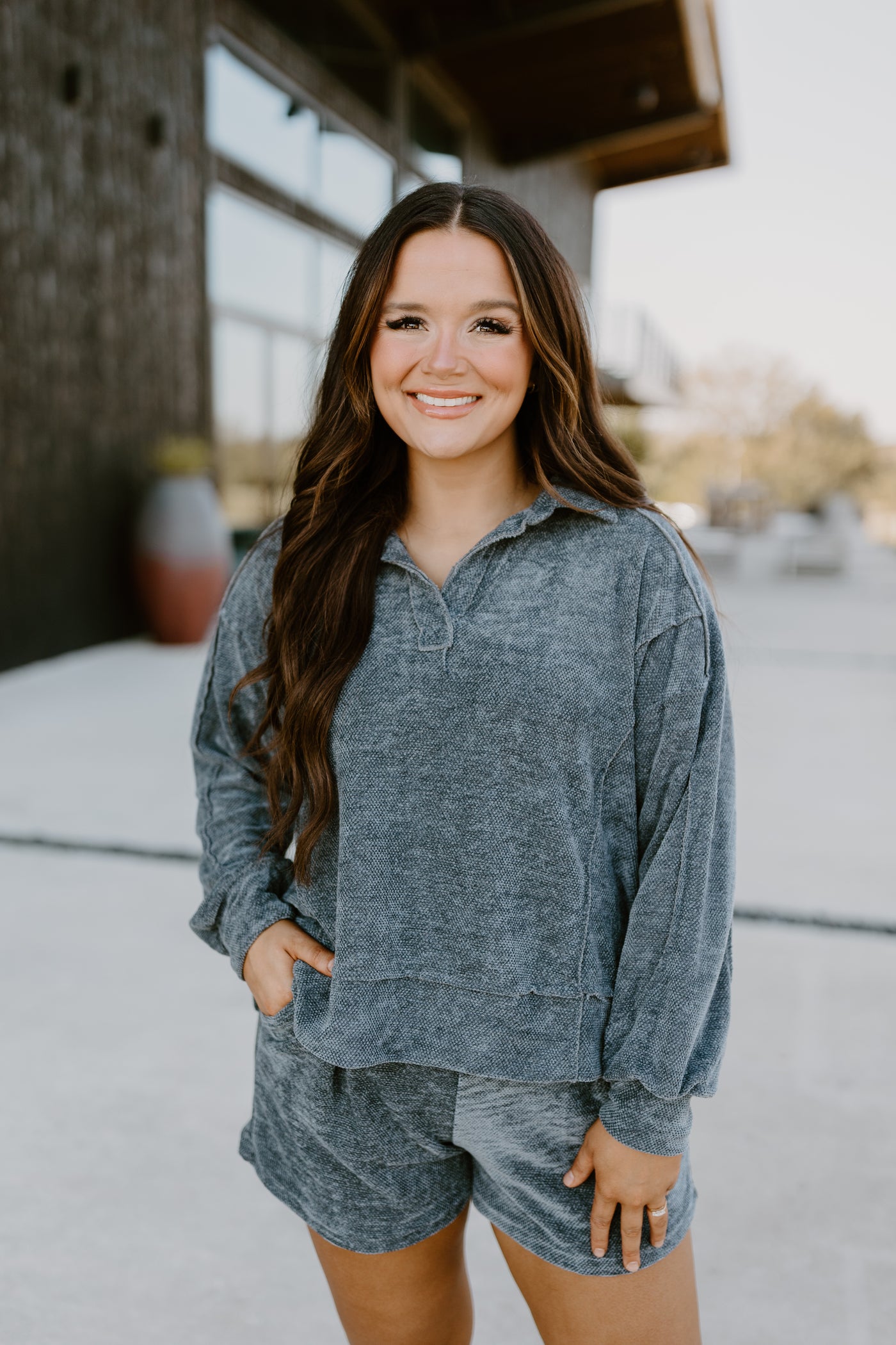 Dark Grey Oversized Chenille Pullover and Short Set