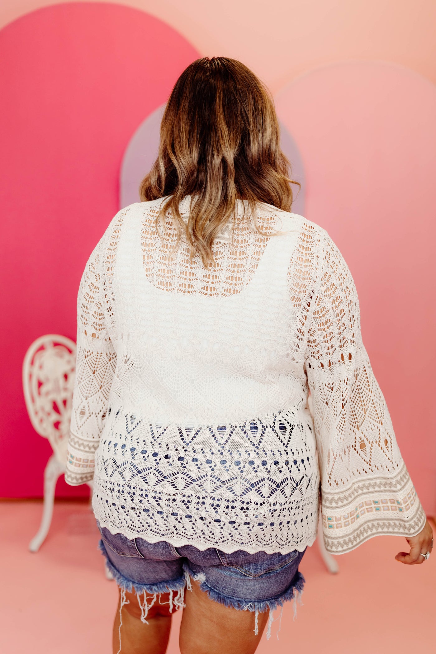 Natural Crochet Patterned Bell Sleeve Henley Top