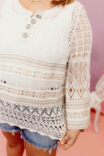 Natural Crochet Patterned Bell Sleeve Henley Top